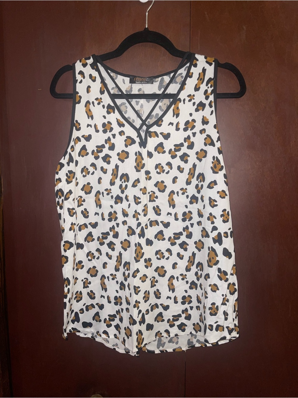 Renee C. White Leopard Print V-Neck Strappy Tank with Black Trim